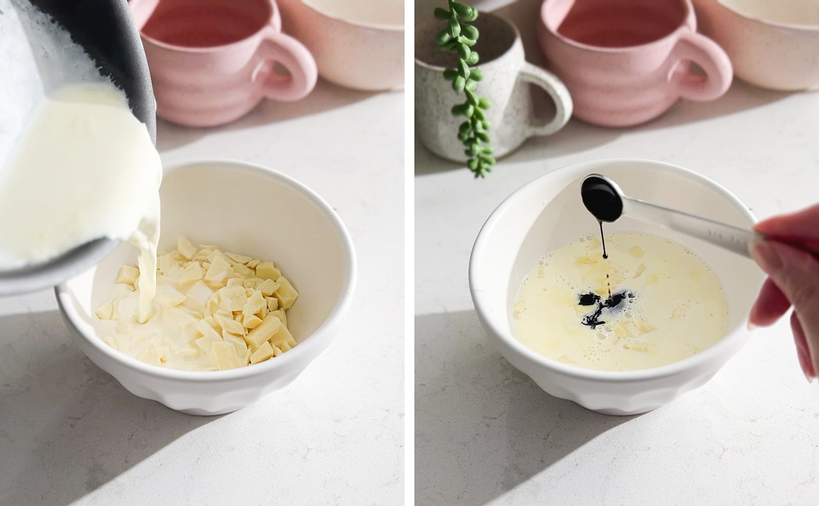 Left to right: pouring cream into bowl of white chocolate, pouring ube extract into ganache from spoon.