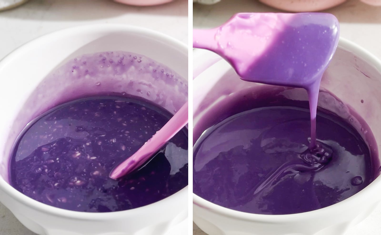 Left to right: purple glaze with bits of white chocolate throughout, glaze dripping off spatula into bowl.