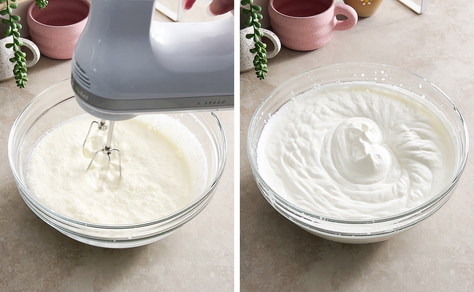 Left to right: hand mixer beating cream in a bowl, whipped cream in bowl.