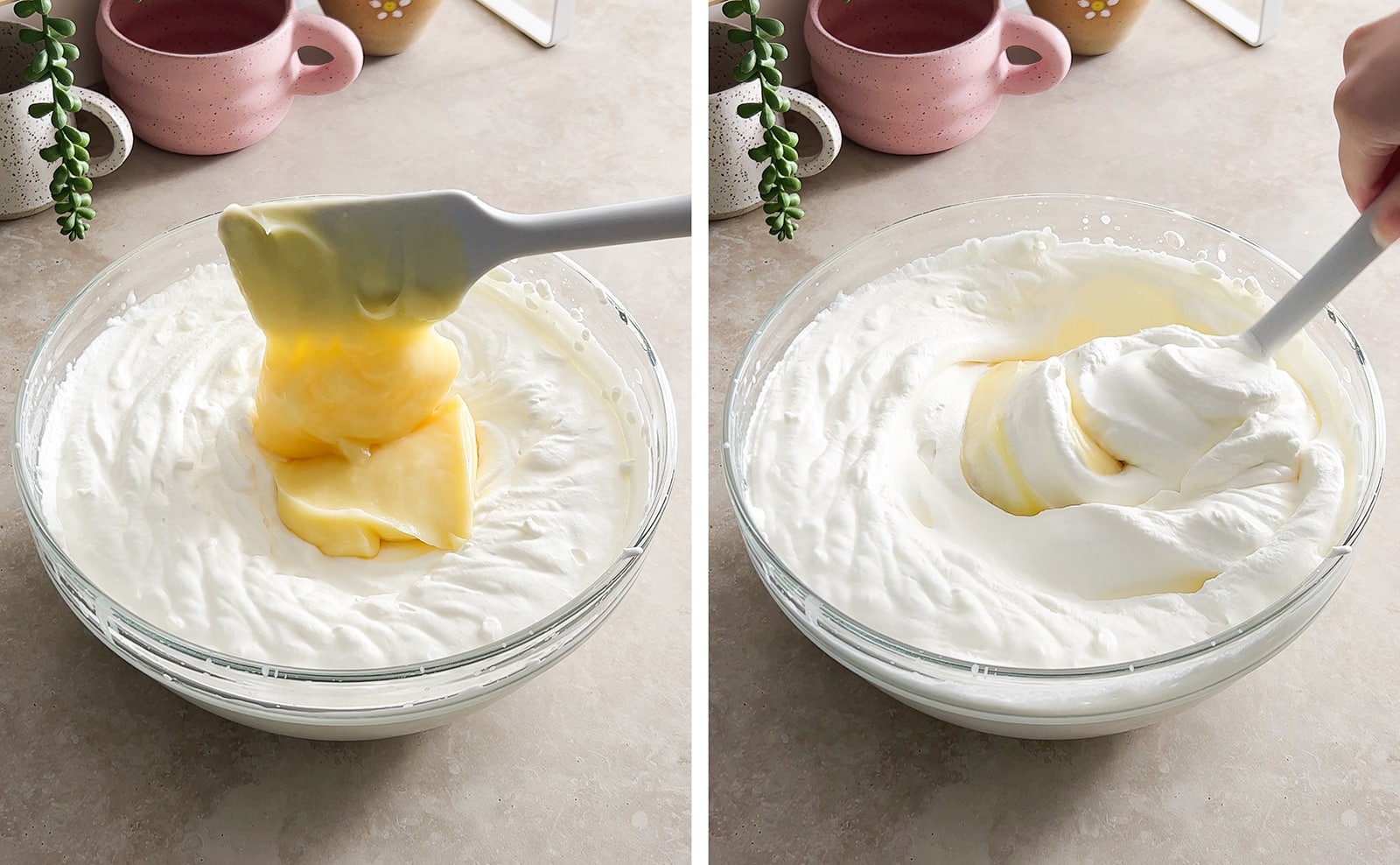 Left to right: adding pudding into whipped cream from spatula, folding pudding and whipped cream together with spatula.