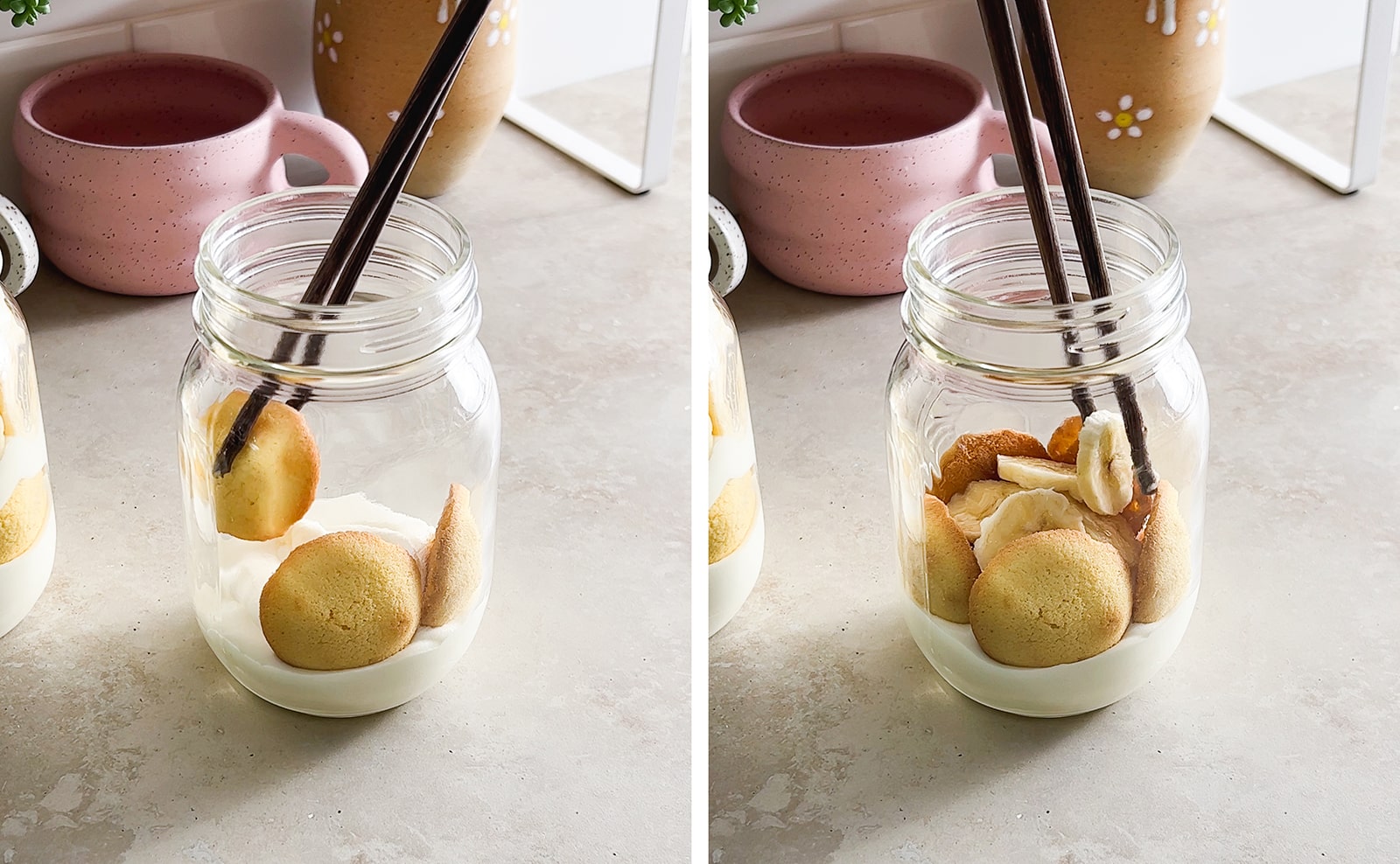 Left to right: chopsticks arranging vanilla wafers into jar, adding banana slice to jar.