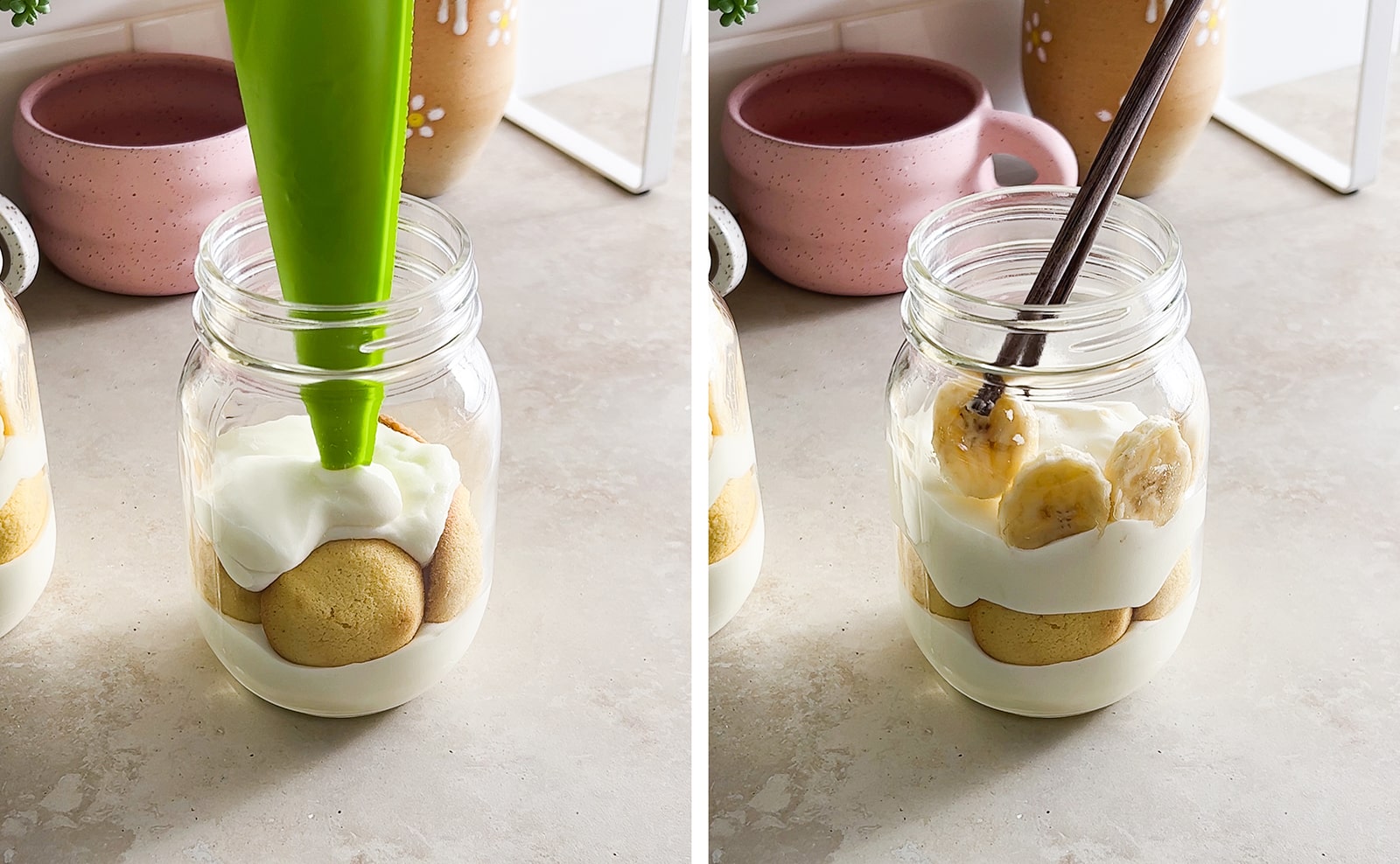 Left to right: piping pudding into jar on top of wafers, adding banana slice on top of pudding in a jar.
