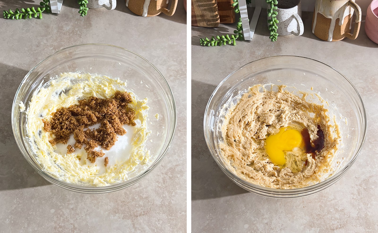 Left to right: brown sugar and white sugar in a bowl of butter, egg and vanilla in a bowl of creamed butter.