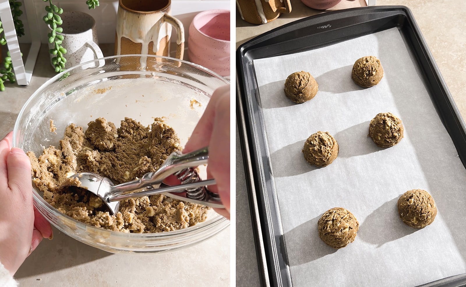 Left to right: scooping cookie dough with ice cream scooper, six cookie dough balls on a baking tray.