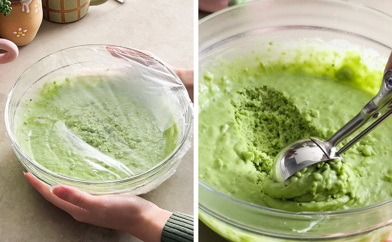 Left to right: hands holding bowl of batter covered with plastic wrap, scooping batter with scooper.