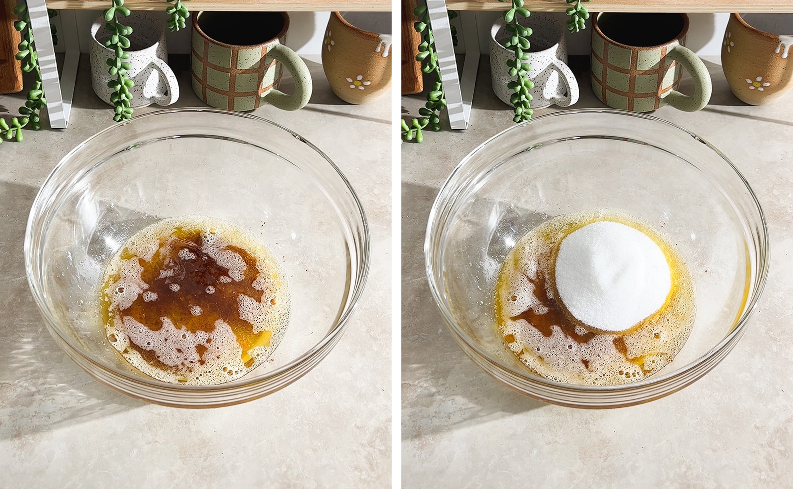 Left to right: browned butter in mixing bowl, sugar added to browned butter in bowl.