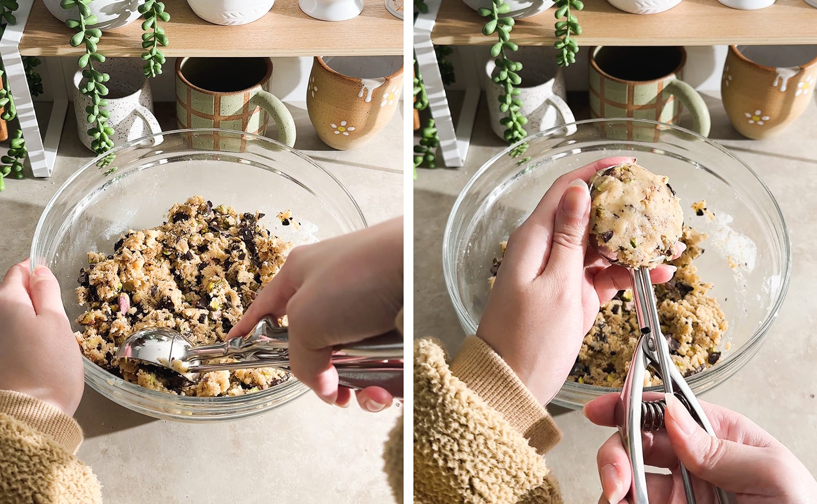 Left to right: hand scooping cookie dough with ice cream scooper, hand pressing cookie dough into scooper.