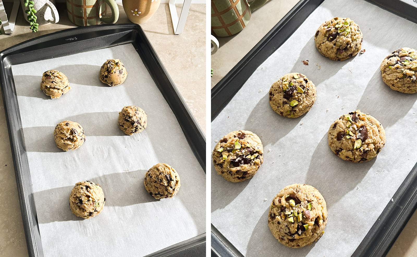 Left to right: unbaked cookie dough on baking tray, baked cookies on baking tray.