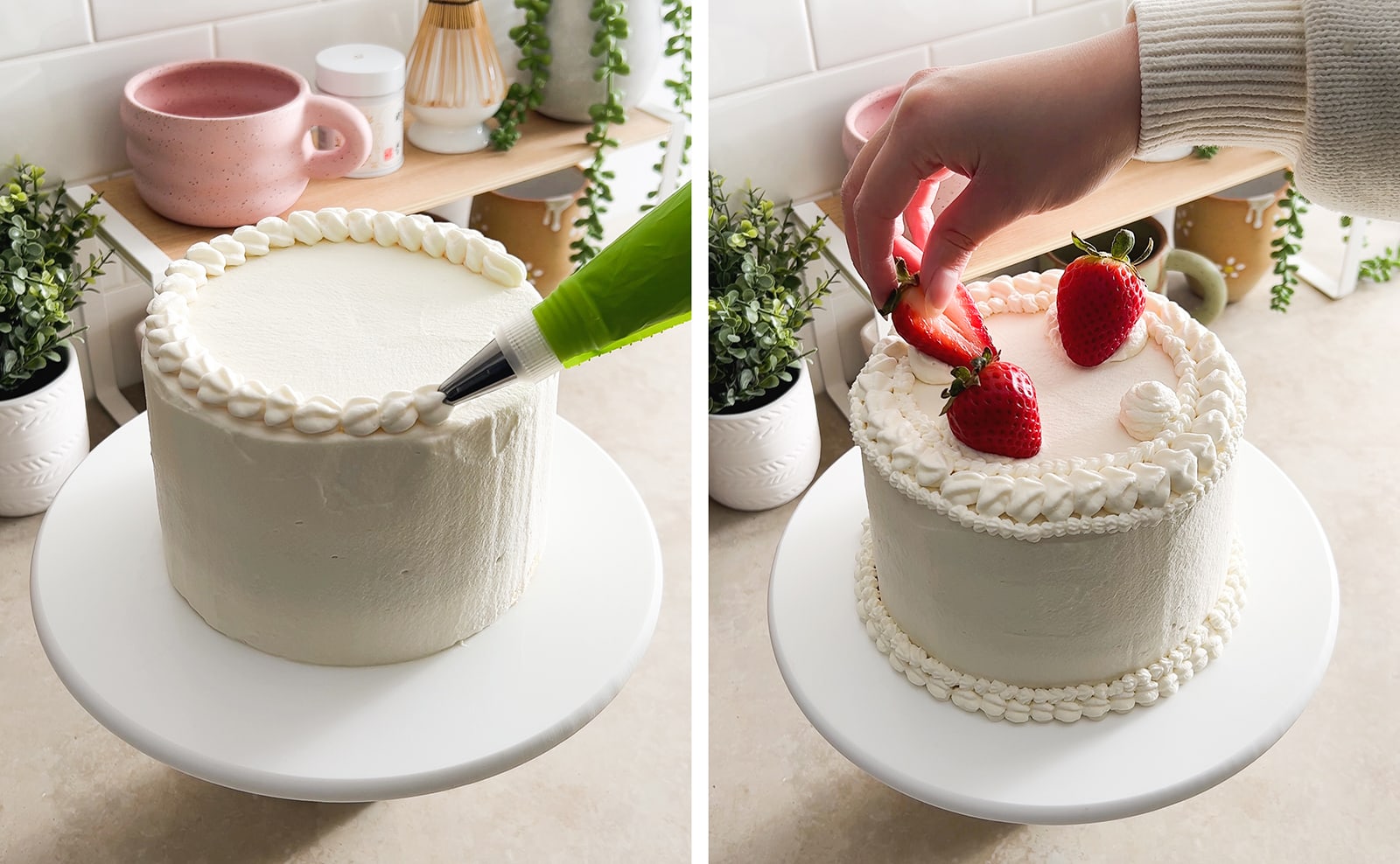 Left to right: piping a border with whipped cream on top of a cake, hand placing a strawberry on top of cake.