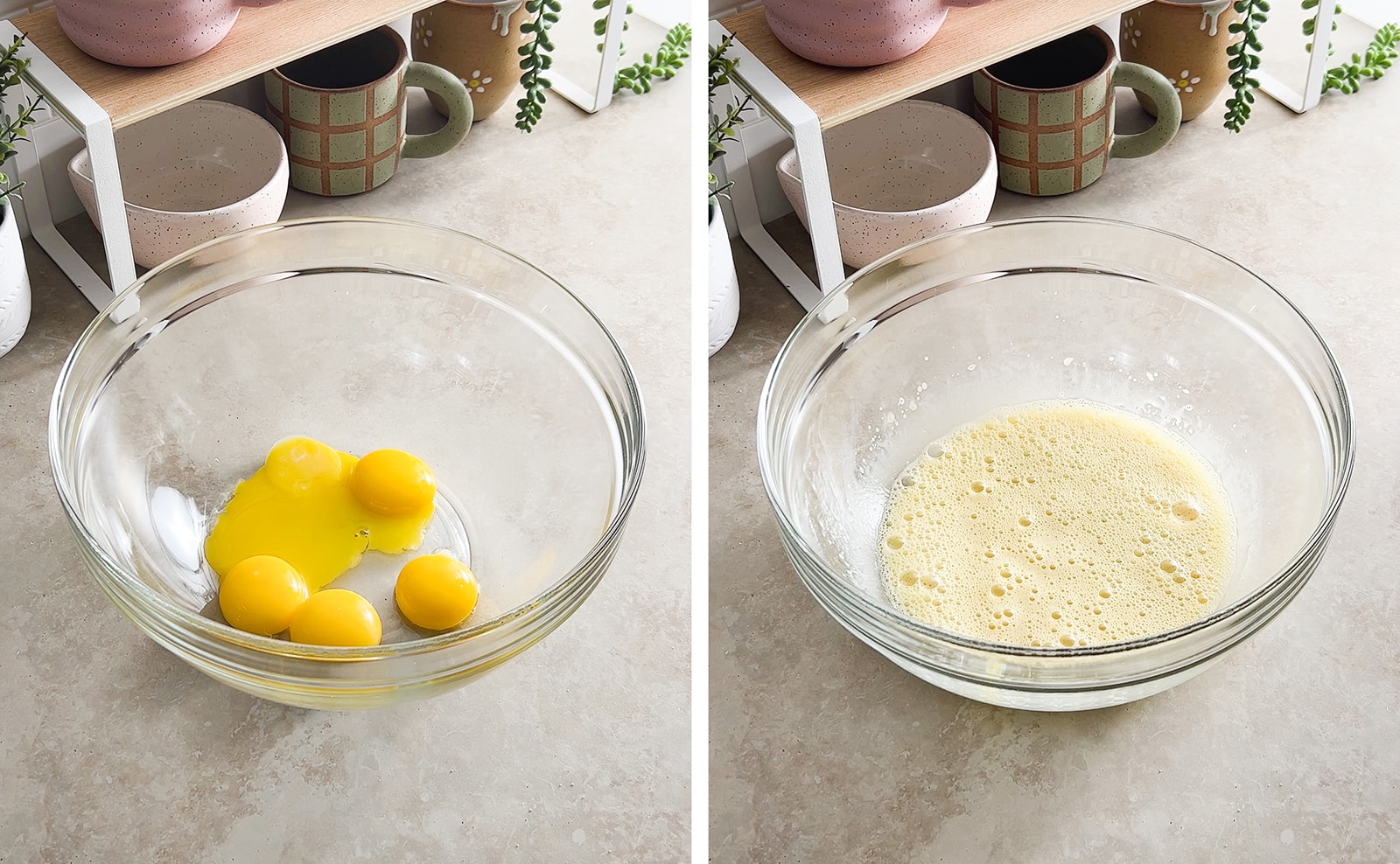 Left to right: egg yolks in a bowl, egg yolk mixed together in a bowl.