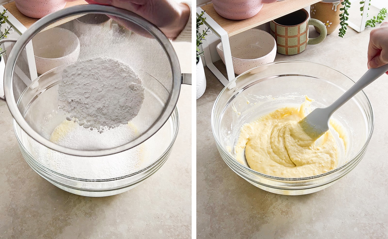 Left to right: sifting flour into a bowl of batter, folding batter with a spatula.