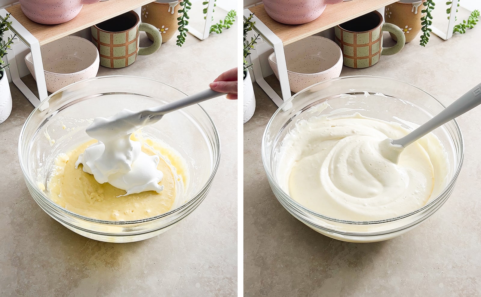 Left to right: adding dollop of meringue into bowl of batter from a spatula, mixed batter in bowl.