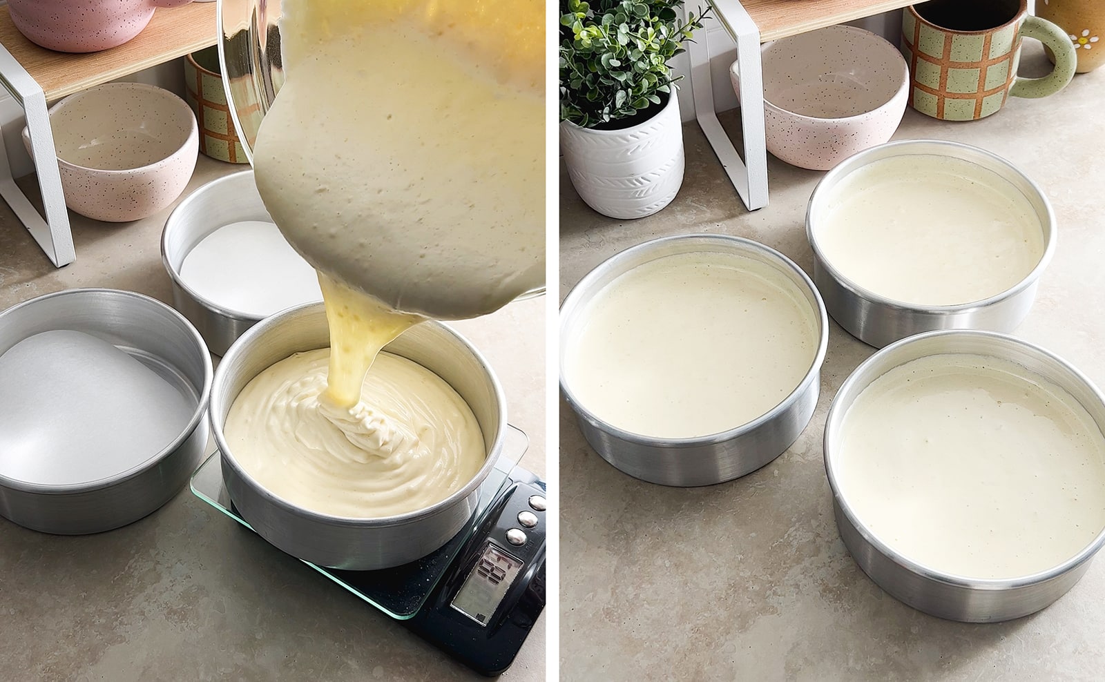 Left to right: pouring batter into a cake pan on a scale, three cake pans filled with batter.