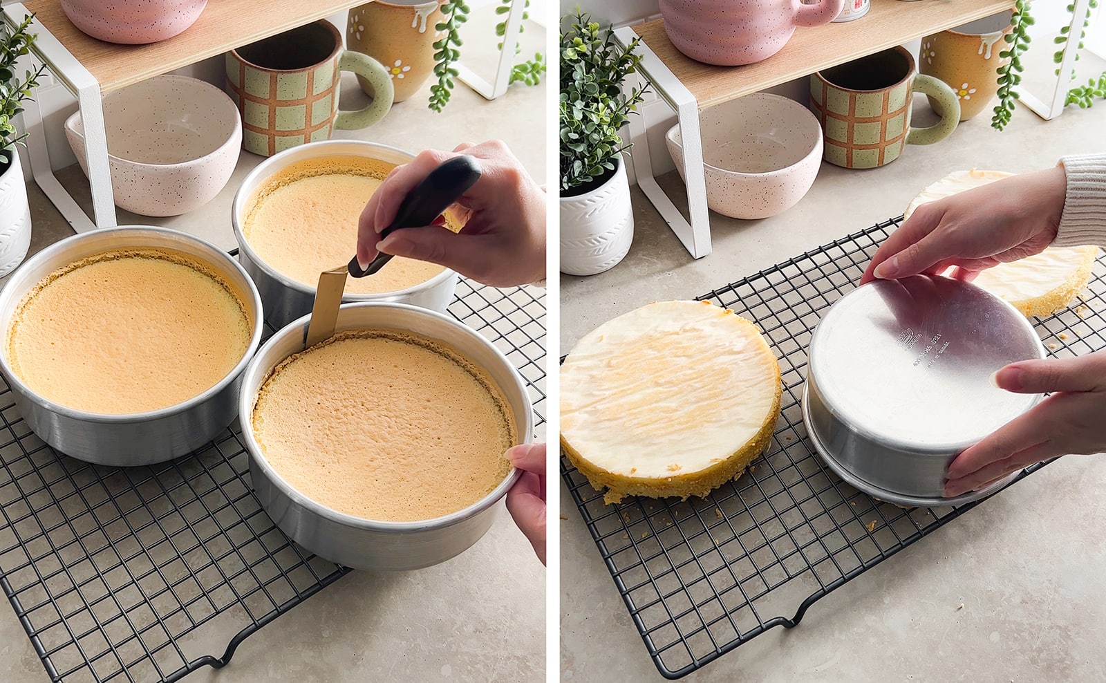 Left to right: hand sliding spatula around edges of cake pan, hands lifting up cake pan to release cake inside.