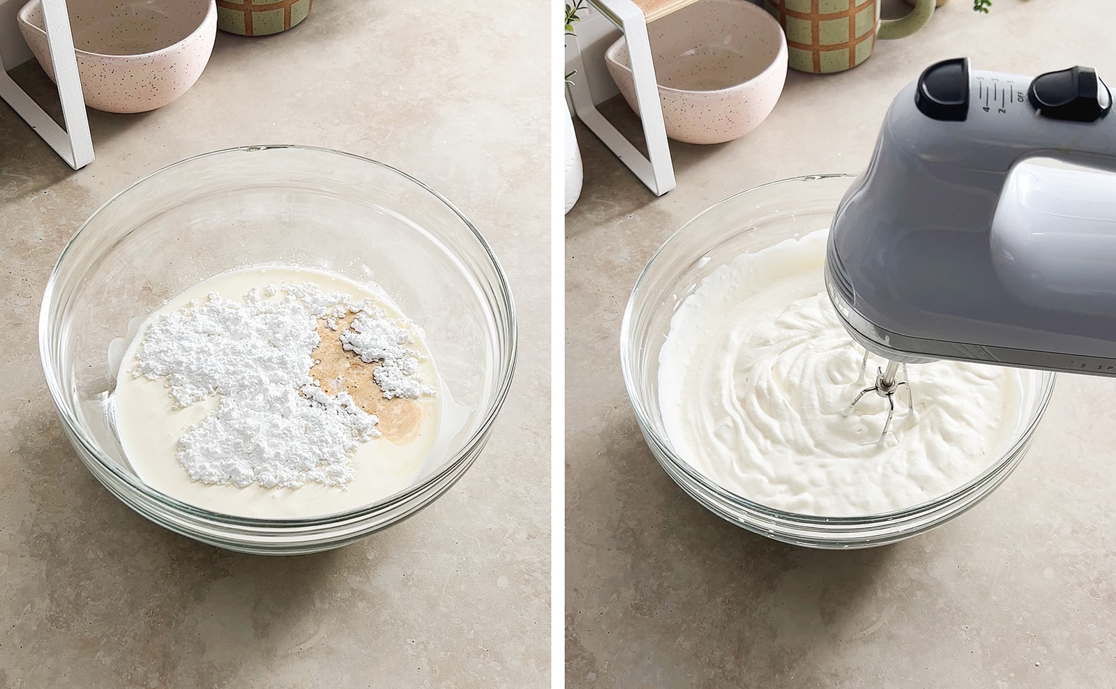 Left to right: ingredients in a bowl, hand mixer beating whipped cream.