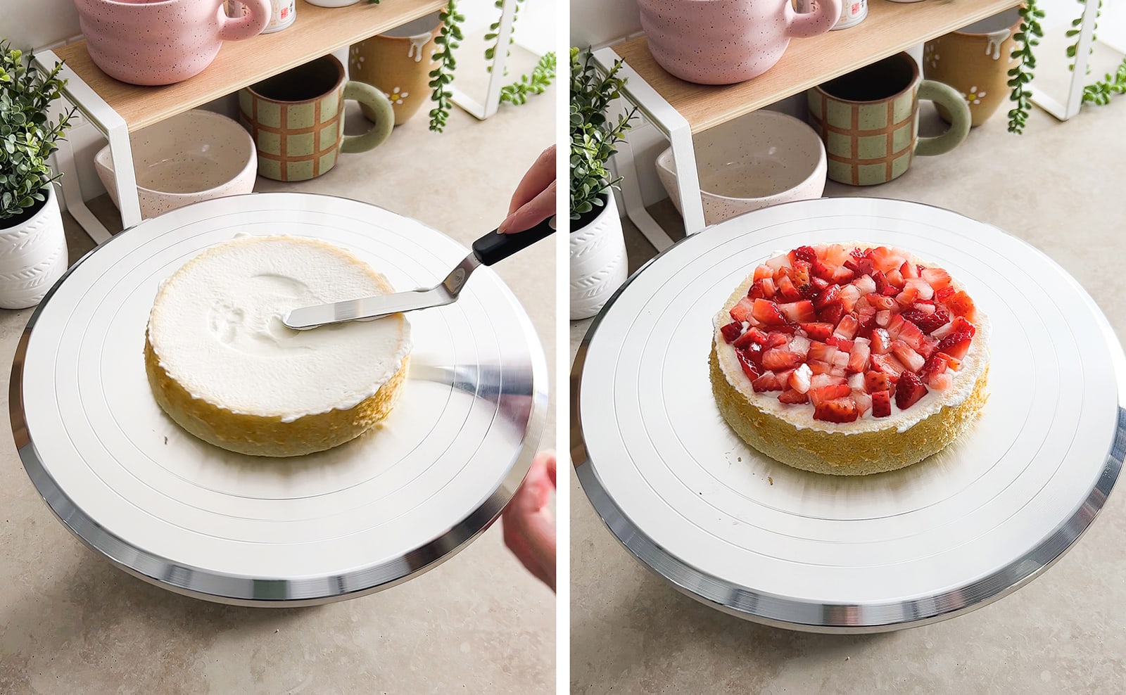 Left to right: spreading whipped cream on cake layer on a turntable, cake layer with layer of chopped strawberries on top.
