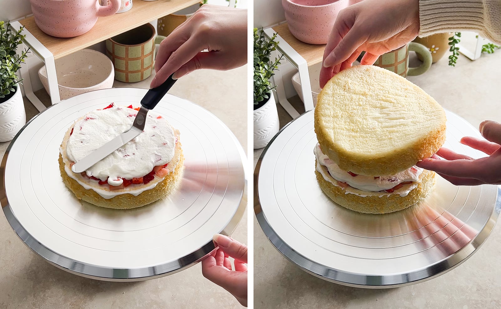 Left to right: spreading whipped cream on top of strawberries with spatula, two hands placing a cake layer on top of the first layer.