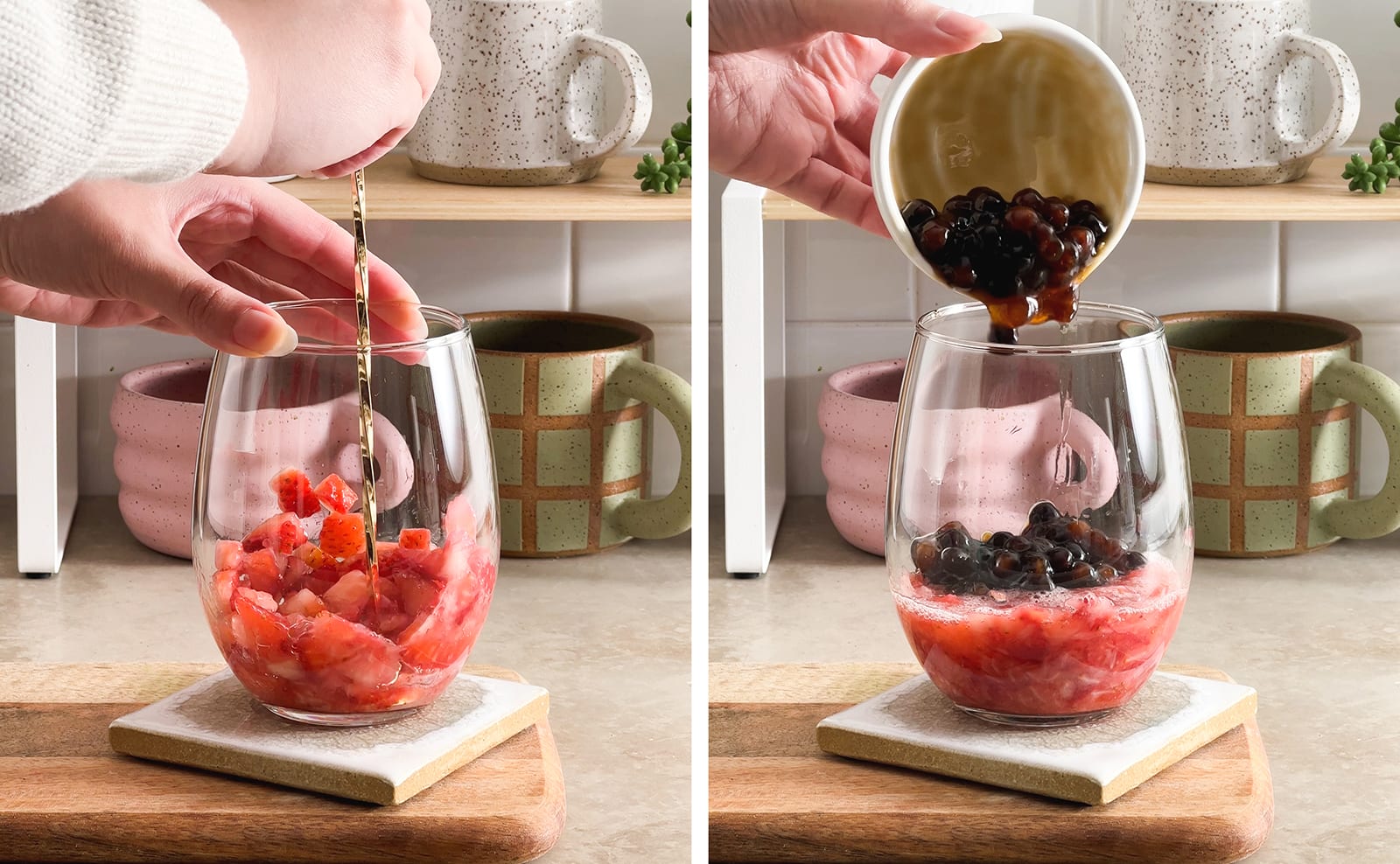 Left to right: hands muddling strawberries in a glass with a muddler, pouring boba pearls into glass from a small bowl.