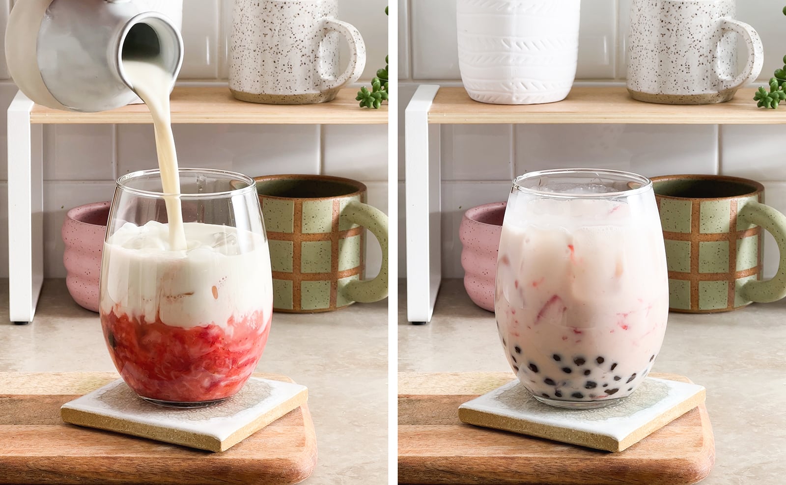 Left to right: pouring milk in glass on top of strawberry puree mixture, strawberry milk in a glass with boba pearls on the bottom.