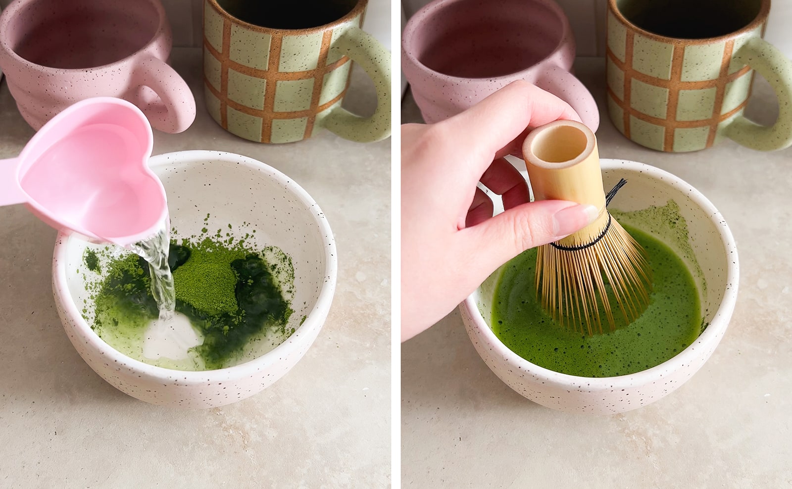 Left to right: pouring hot water into a bowl of matcha powder, hand holding bamboo whisk in bowl of frothy matcha.