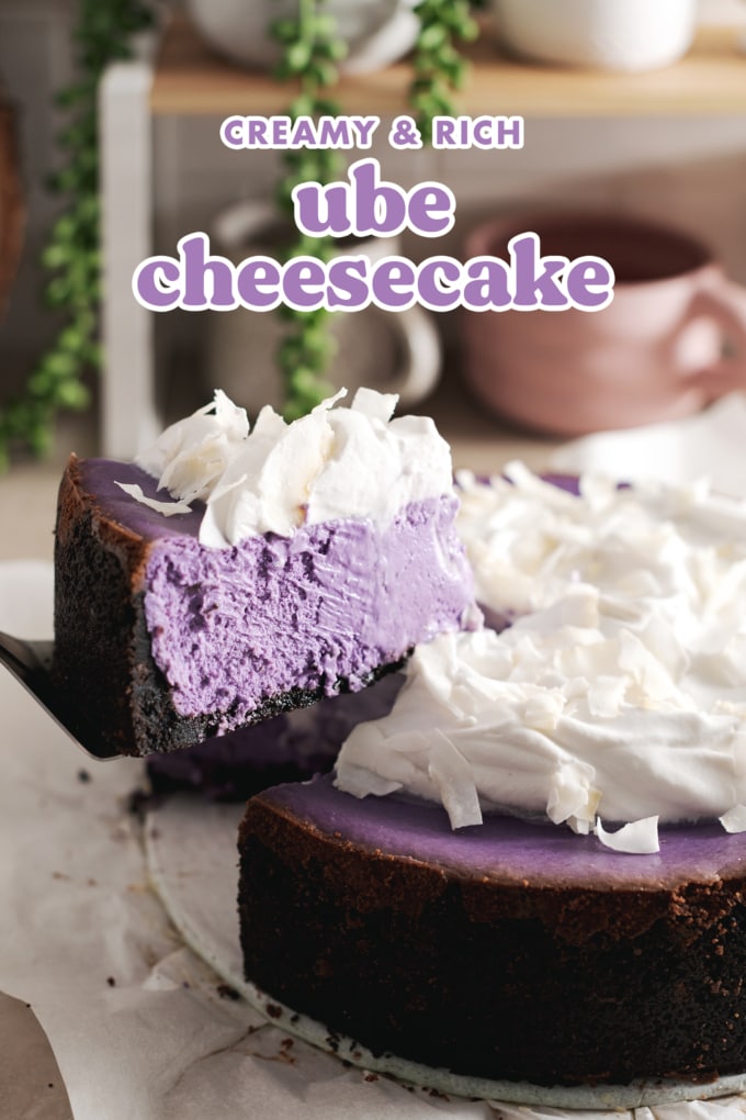 A slice of ube cheesecake lifted from the rest of the cheesecake.