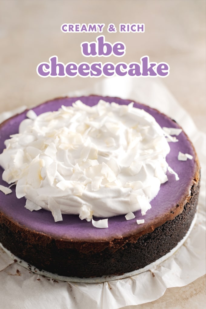 Purple yam cheesecake with dollops of coconut cream spread on top.