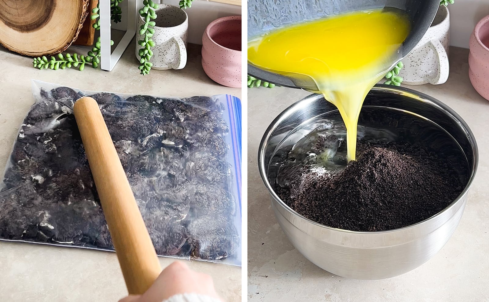 Left to right: smacking a bag of oreo cookies with a rolling pin, pouring melted butter into a bowl of oreo cookie crumbs.
