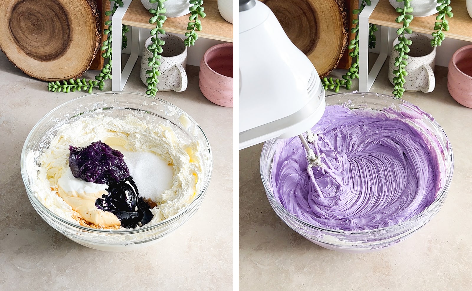 Left to right: bowl full of ingredients for cheesecake, hand mixer beating purple cheesecake batter in a bowl.