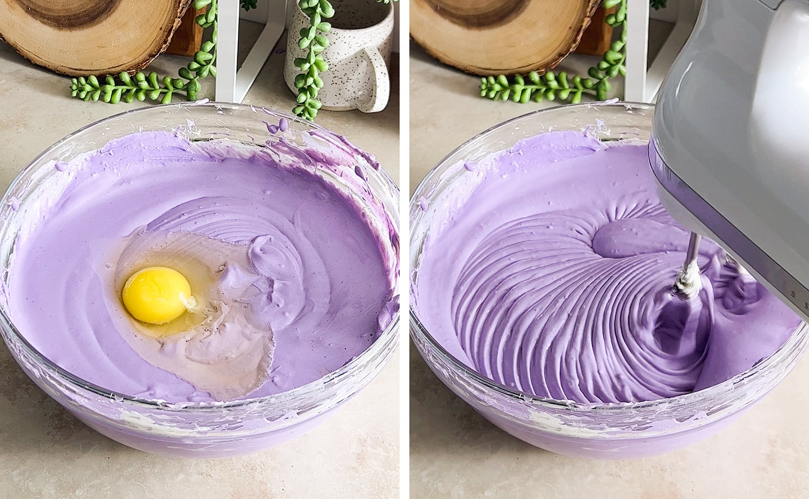 Left to right: egg cracked into ube cheesecake batter, mixing cheesecake batter with a hand mixer.