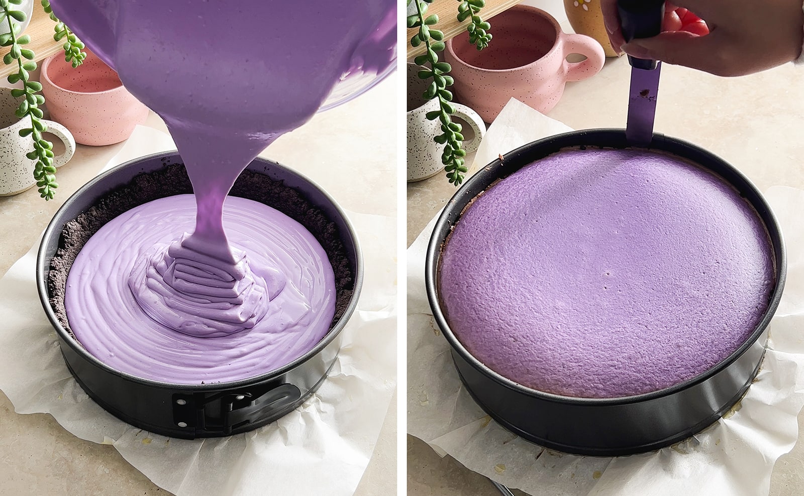 Left to right: pouring cheesecake batter into pan with crust, sliding an offset spatula around edge of baked cheesecake.