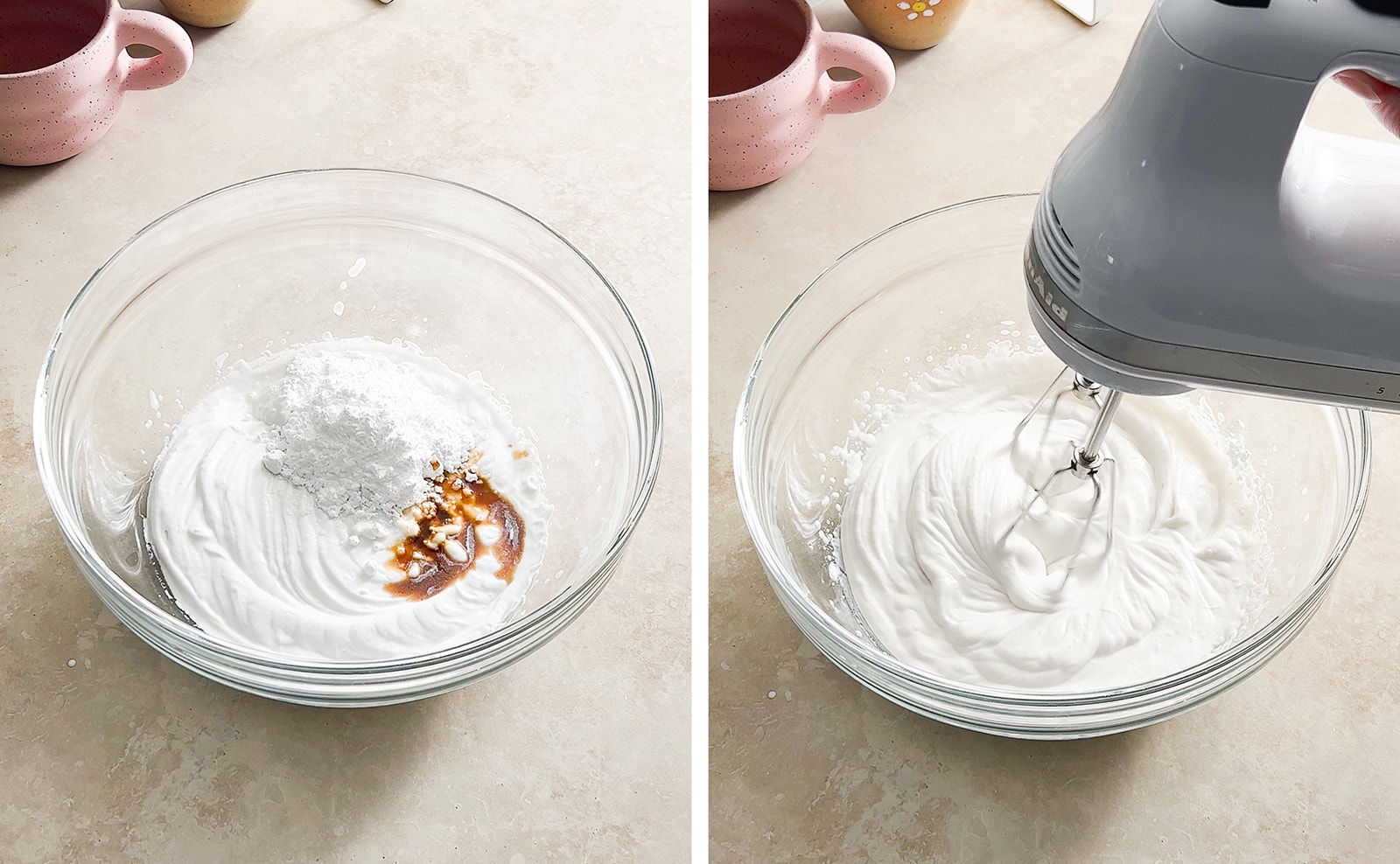 Left to right: coconut cream with sugar and vanilla extract in a bowl, hand mixer whipping coconut cream.