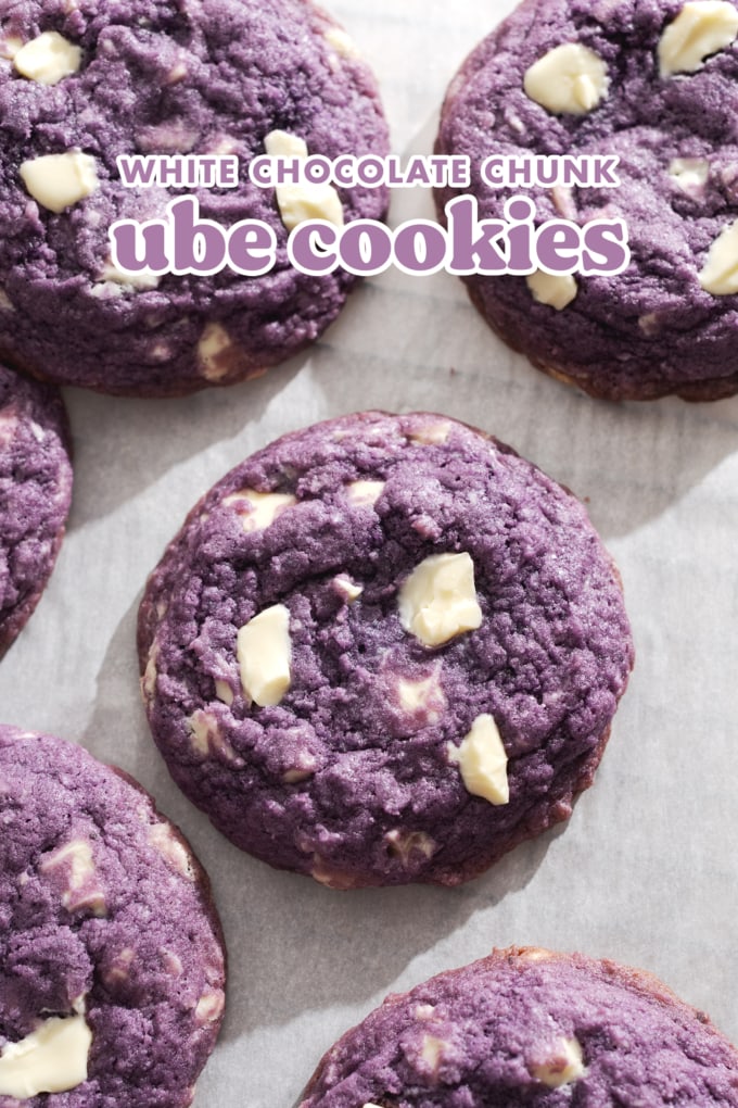 Purple cookie with white chocolate chunks surrounded by more ube cookies.
