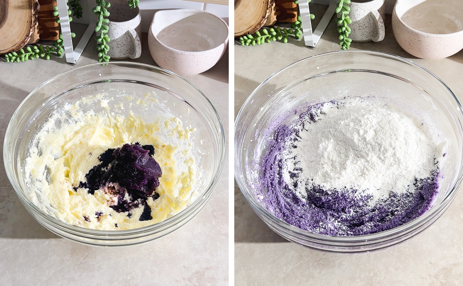 Left to right: ube halaya and extract in bowl of batter, flour in bowl of purple ube batter.