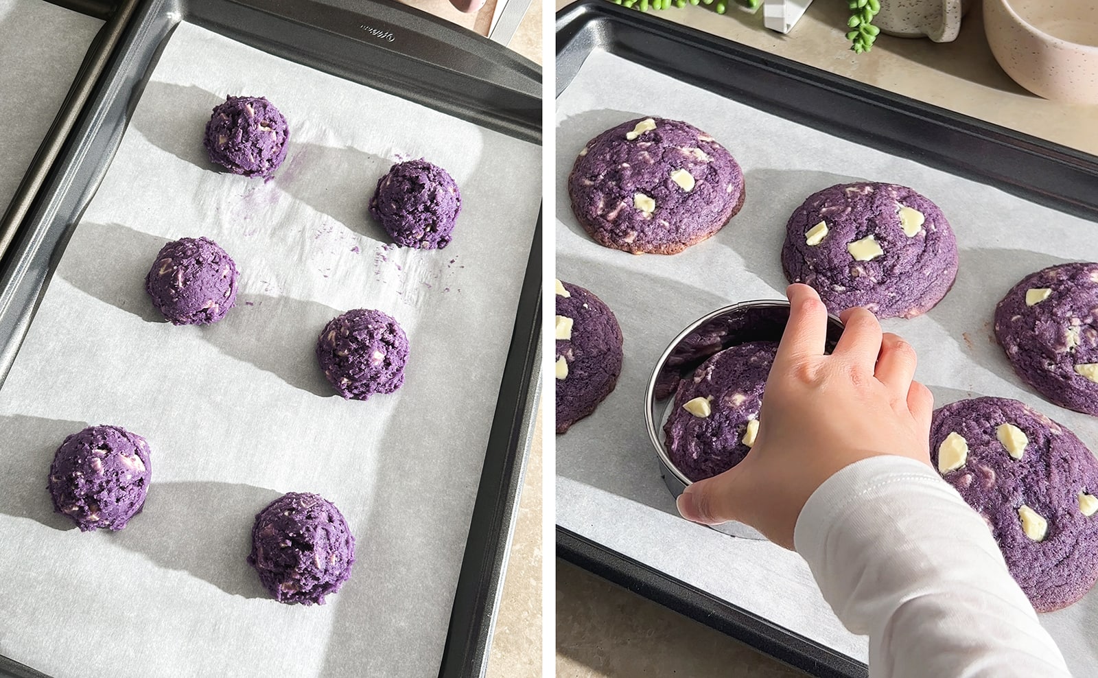 Left to right: ball of cookie dough spaced out on baking sheet, hand swirling baked cookies inside round cutter.