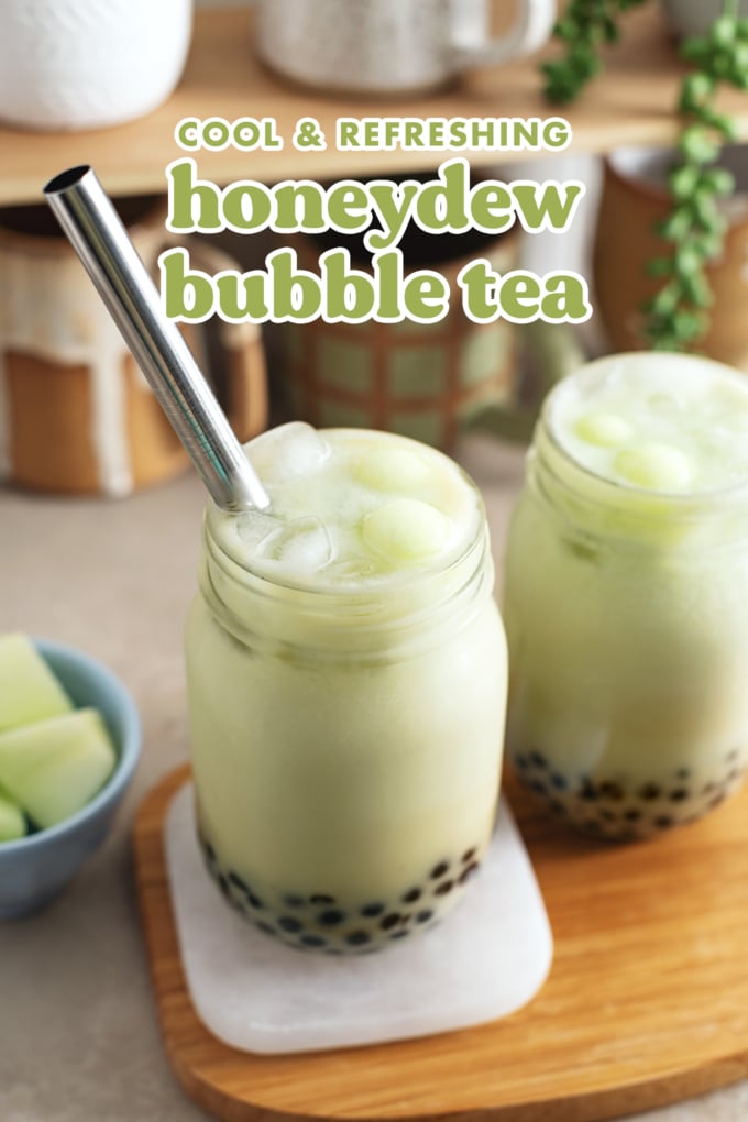 Glasses of bubble tea with metal straw.