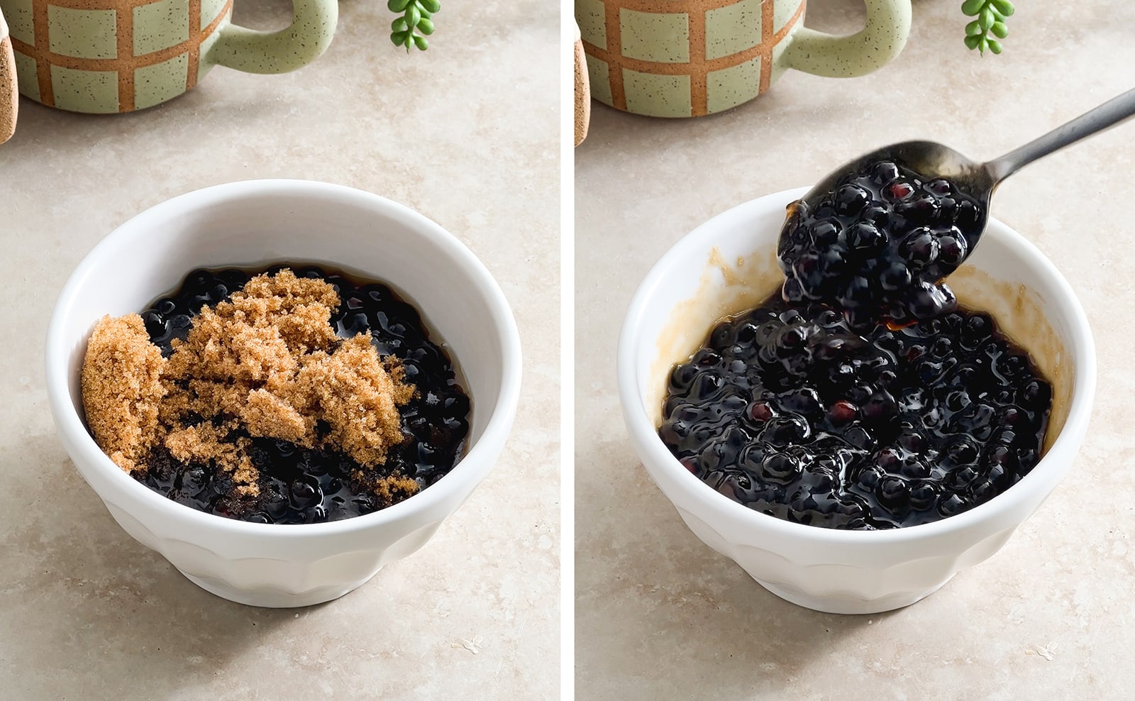 Left to right: brown sugar and tapioca pearls in a bowl, spoon lifting boba pearls from a bowl.