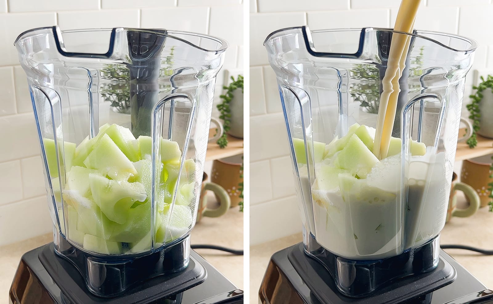 Left to right: honeydew chunks in a blender, pouring milk into blender full of honeydew.
