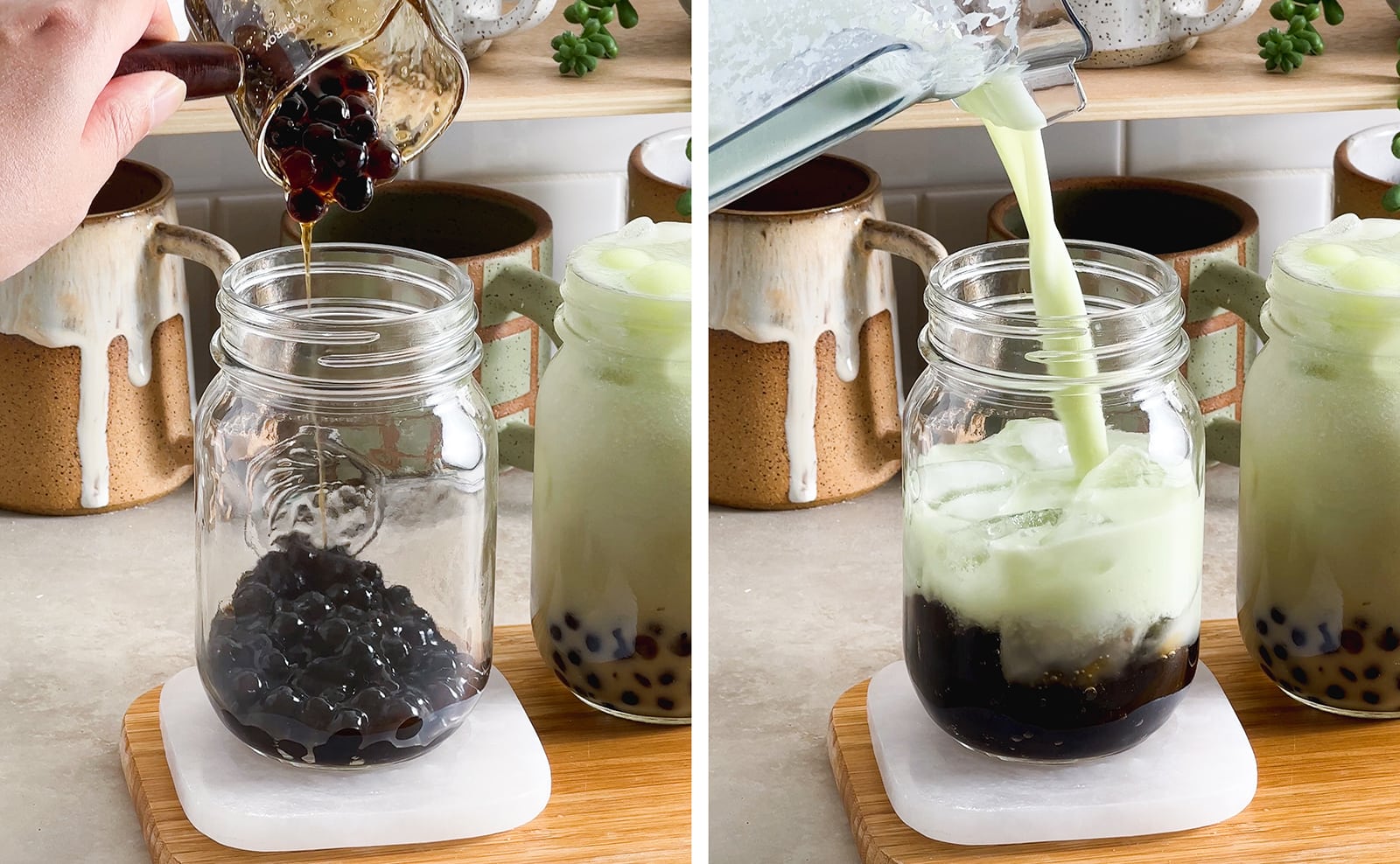 Left to right: pouring boba pearls into mason jar, pouring honeydew milk into mason jar.