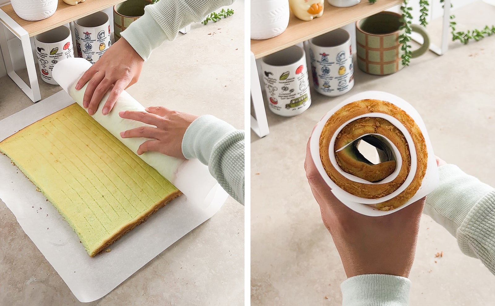 Left to right: hands rolling up cake sheet, side view of rolled up cake.