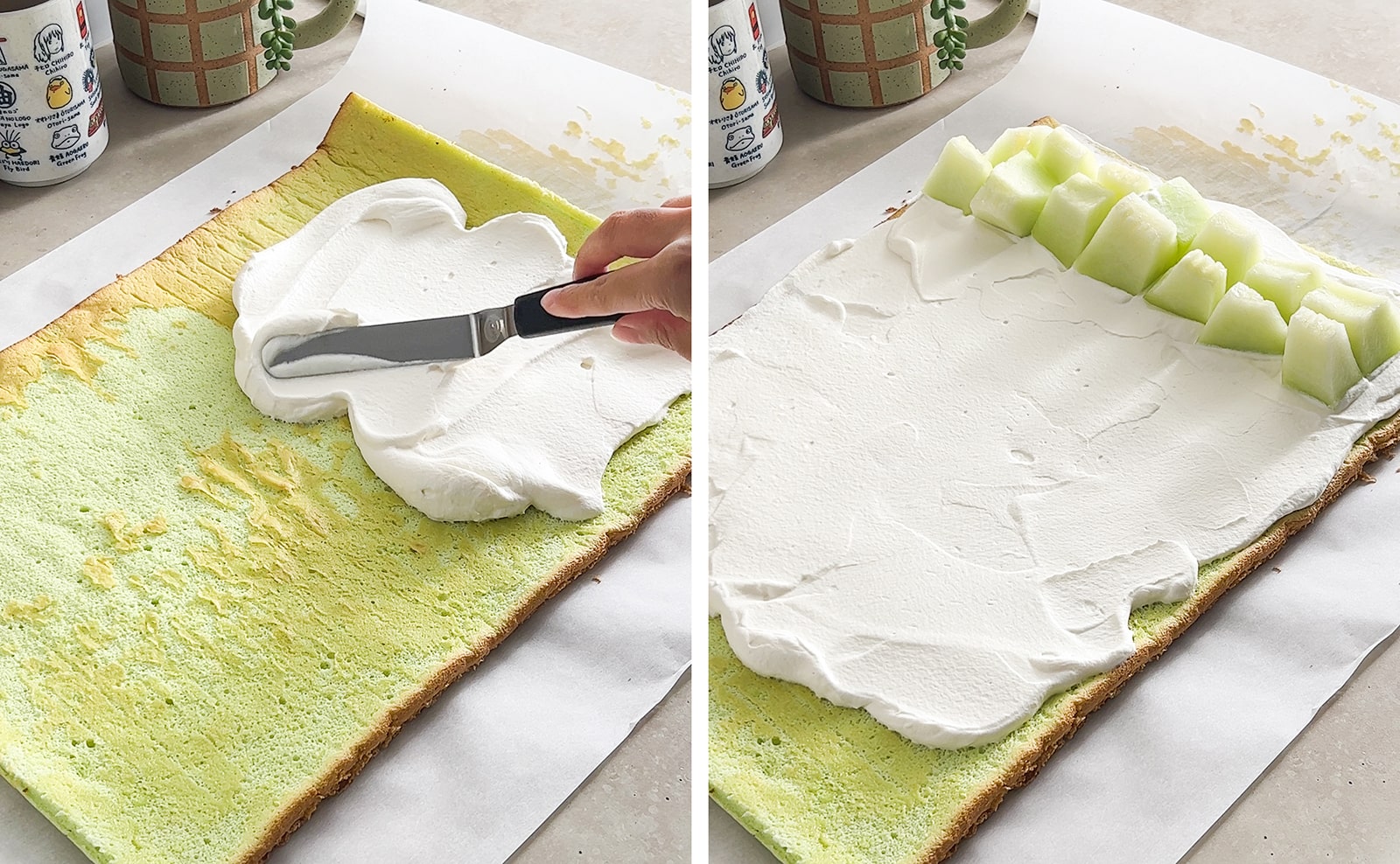 Left to right: spreading whipped cream across pandan cake sheet with offset spatula, cake sheet with honeydew chunks in a row.