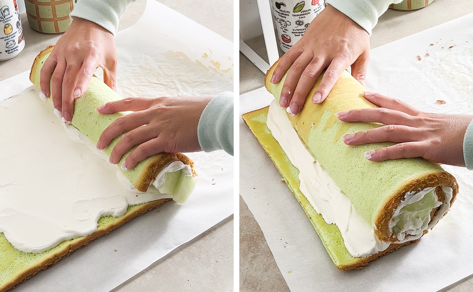 Left to right: hands starting to roll a honeydew roll cake, rolling a swiss roll to the end of the cake sheet.