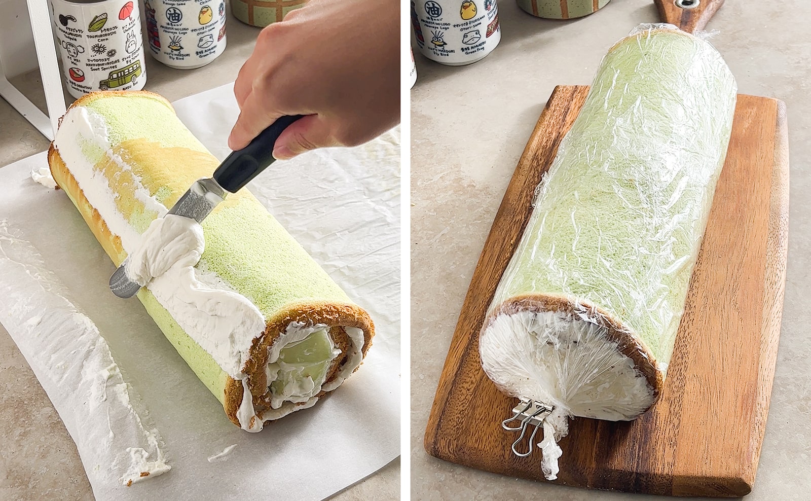 Left to right: scraping excess whipped cream off a cake roll, roll cake wrapped in plastic wrap on a wooden platter.