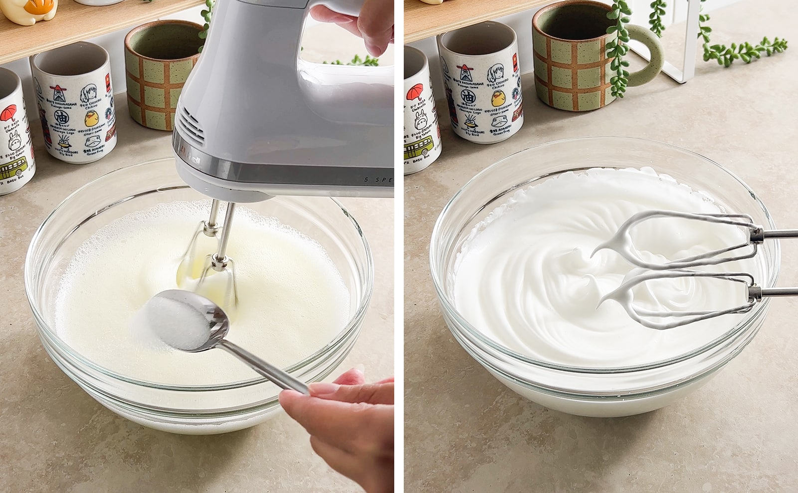 Left to right: sprinkling sugar into egg whites from a spoon, beaters showing meringue stiff peaks.