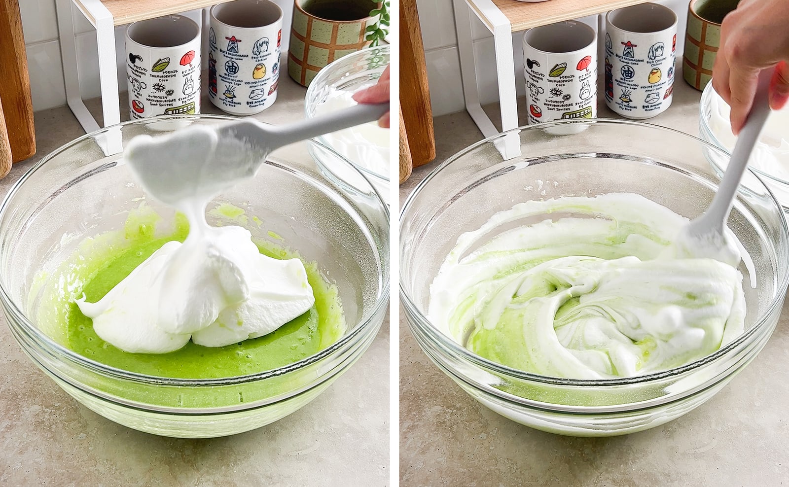 Left to right: dropping meringue into cake batter from a spatula, folding meringue and batter together with spatula.