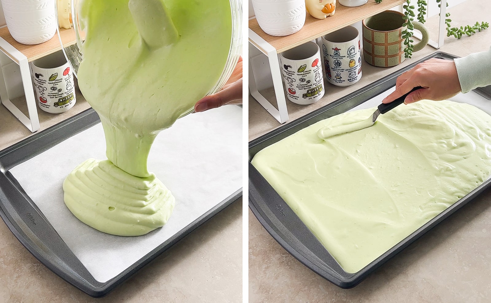 Left to right: pouring cake batter onto baking tray, smoothing cake batter across baking tray with offset spatula.