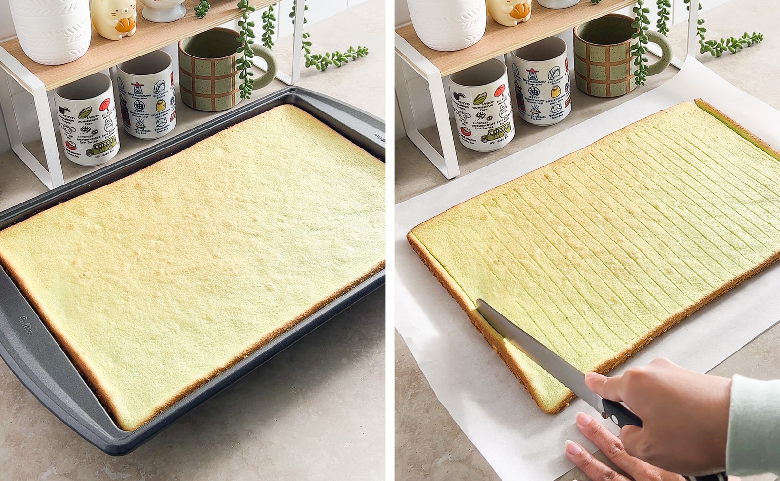 Left to right: baked pandan chiffon cake in baking tray, slicing the browned edges off of cake sheet.