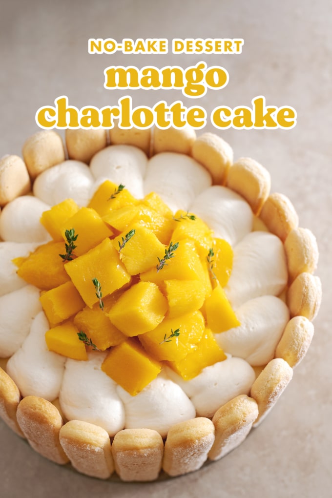 Top down view of cake showing whipped cream and pile of mango chunks on top.