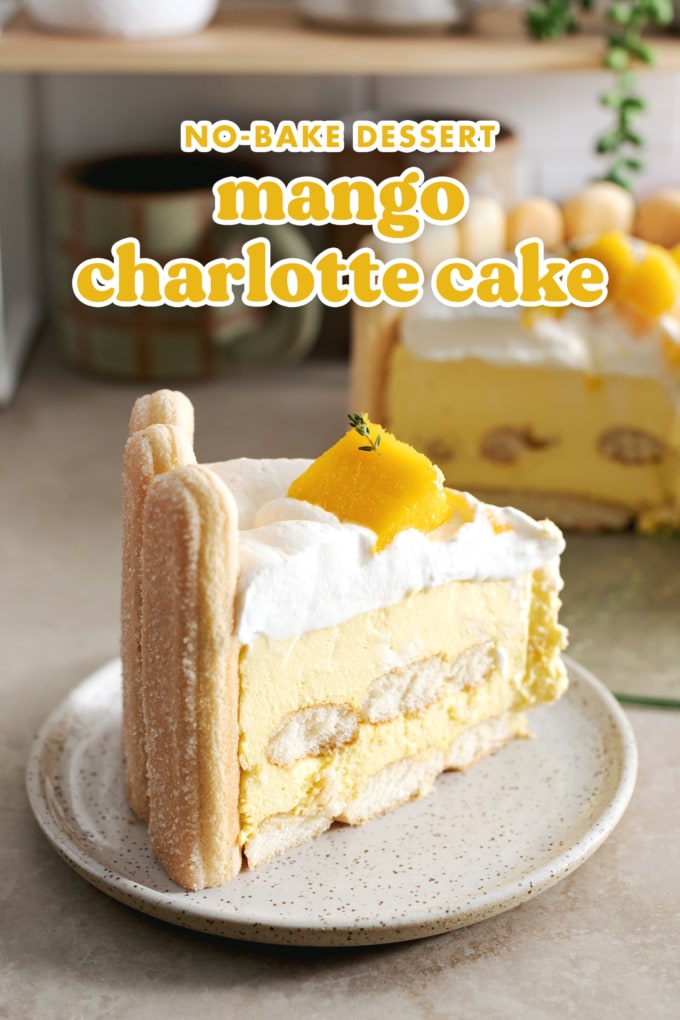A slice of mango charlotte cake on a plate.