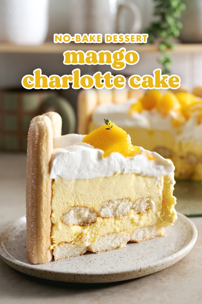 Cross-section view of a slice of mango charlotte cake showing the layers.