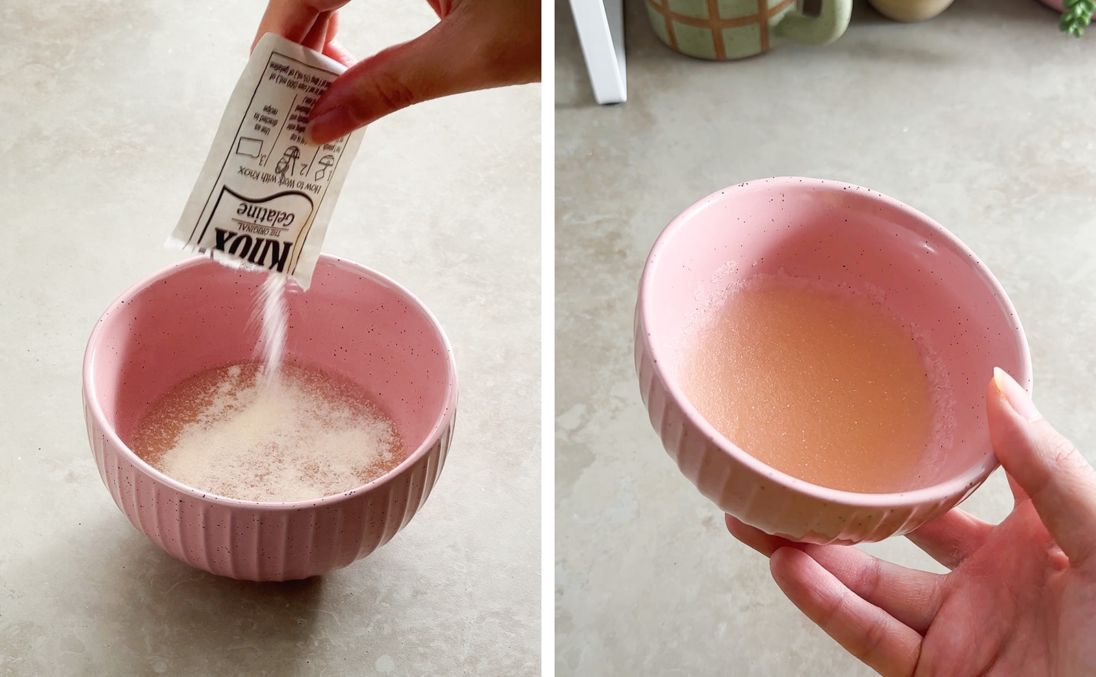 Left to right: sprinkling gelatin powder into bowl of water, hand holding bowl of bloomed gelatin.